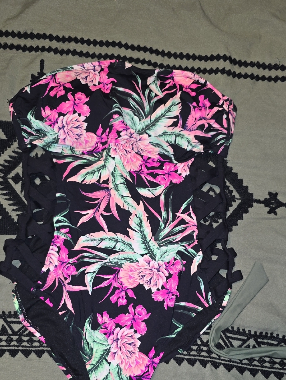 Ambrielle Black One-Piece Swimsuit with Pink & Mint Tropical Print